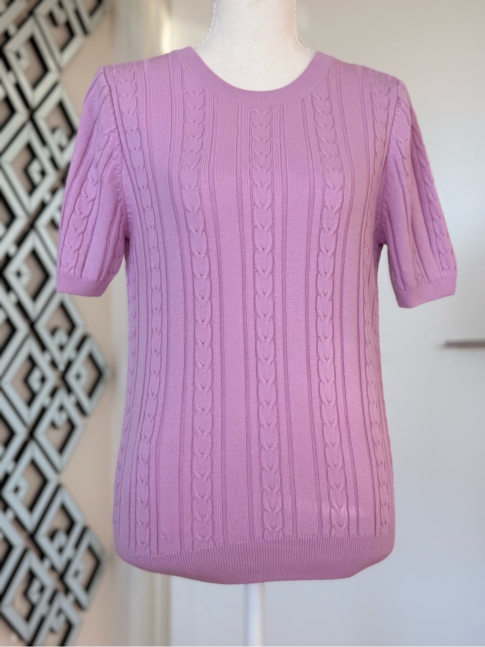 Short Sleeve Cable Knit Sweater - Mauve Pink